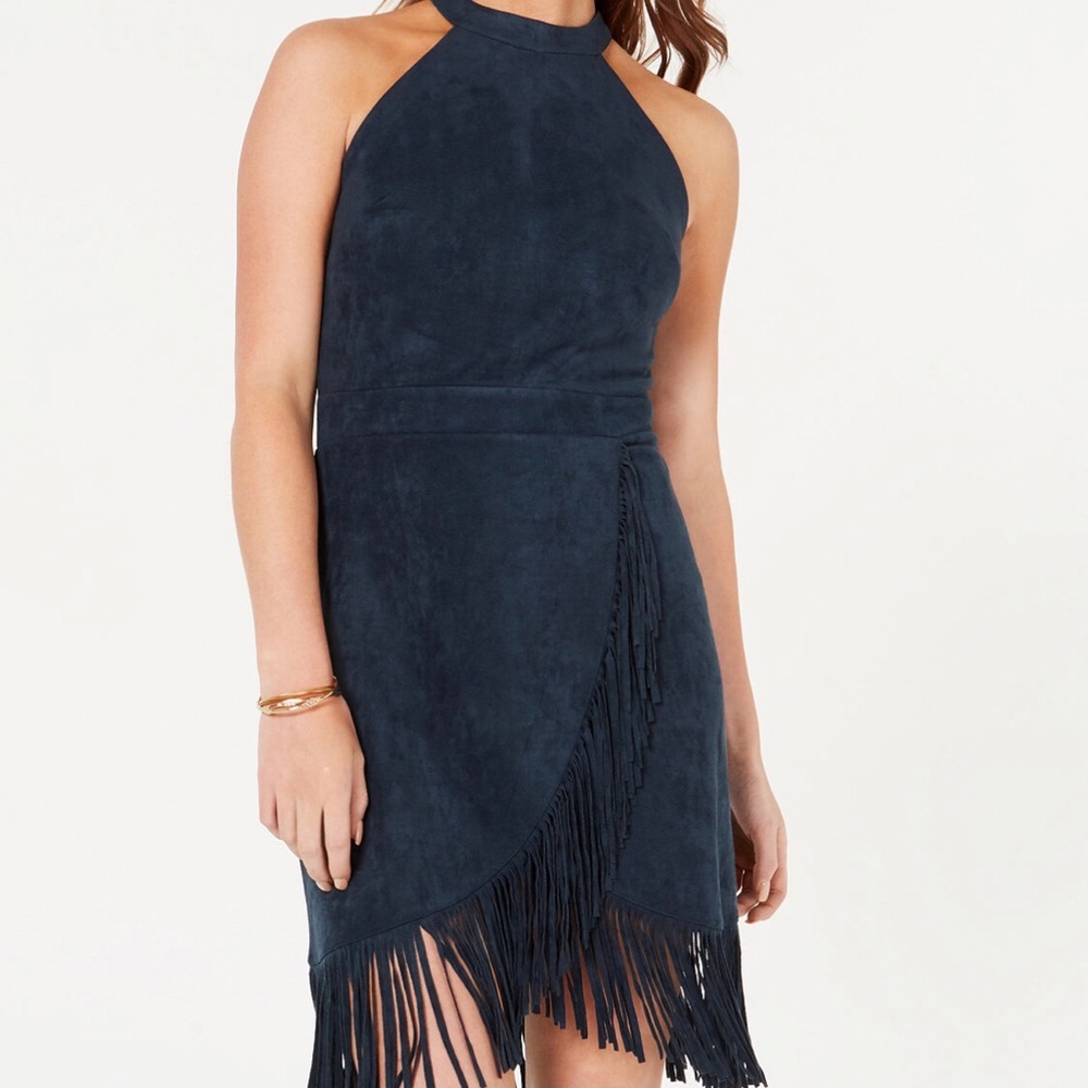 Macy’s Navy Faux-Suede Halter Fringe Dress